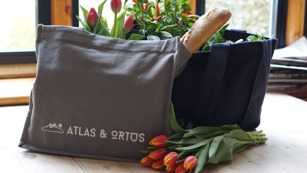 A reusable grocery bag with groceries inside.